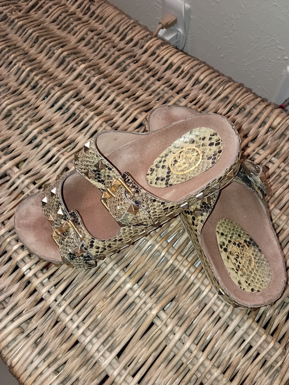 ASH Gold Snake-Print Slide Mules with Stud Accents